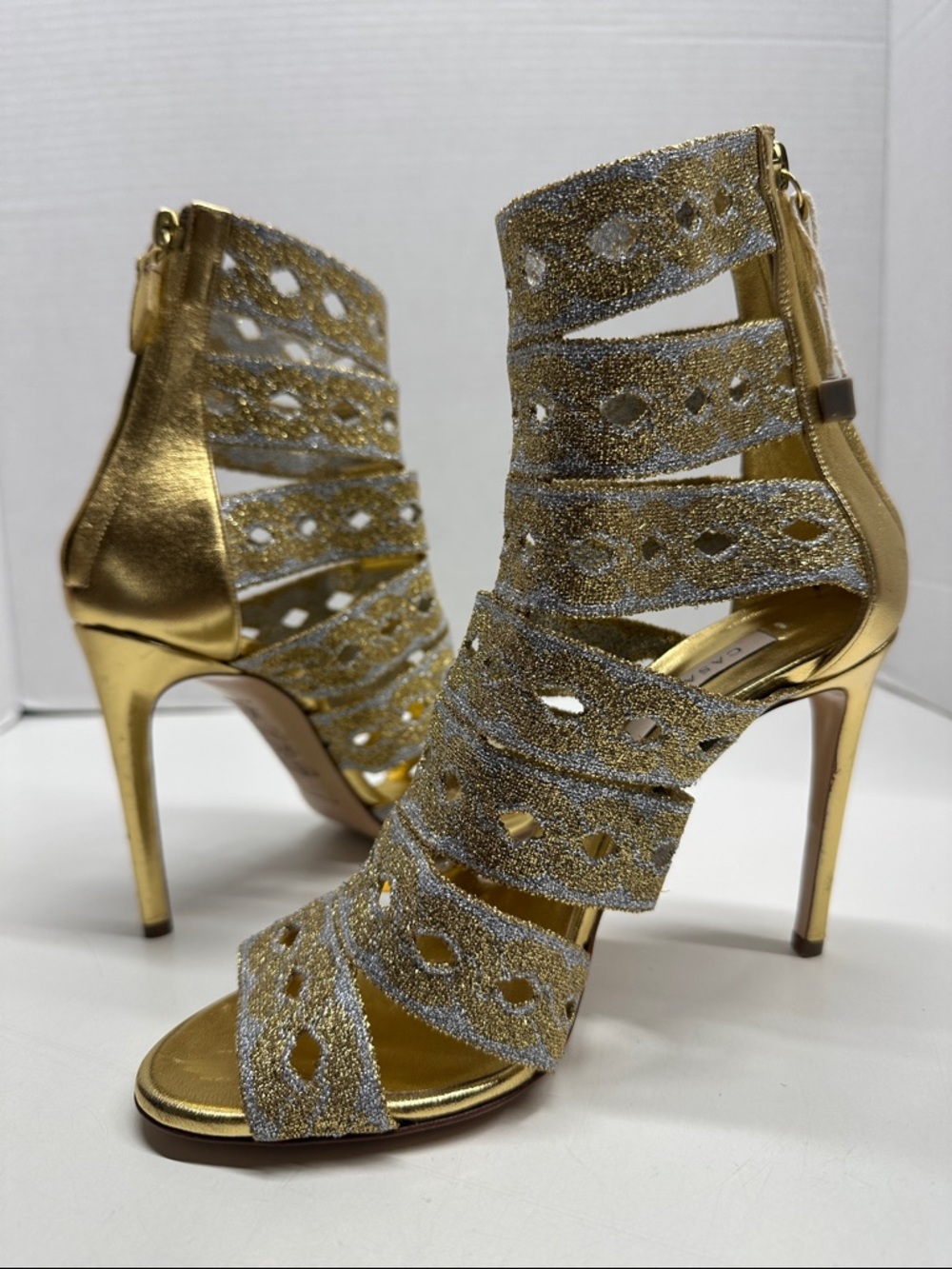 Casadei High Heel Shoes Open Toe Gladiator Caged Stretch Metallic Gold Size 7.5